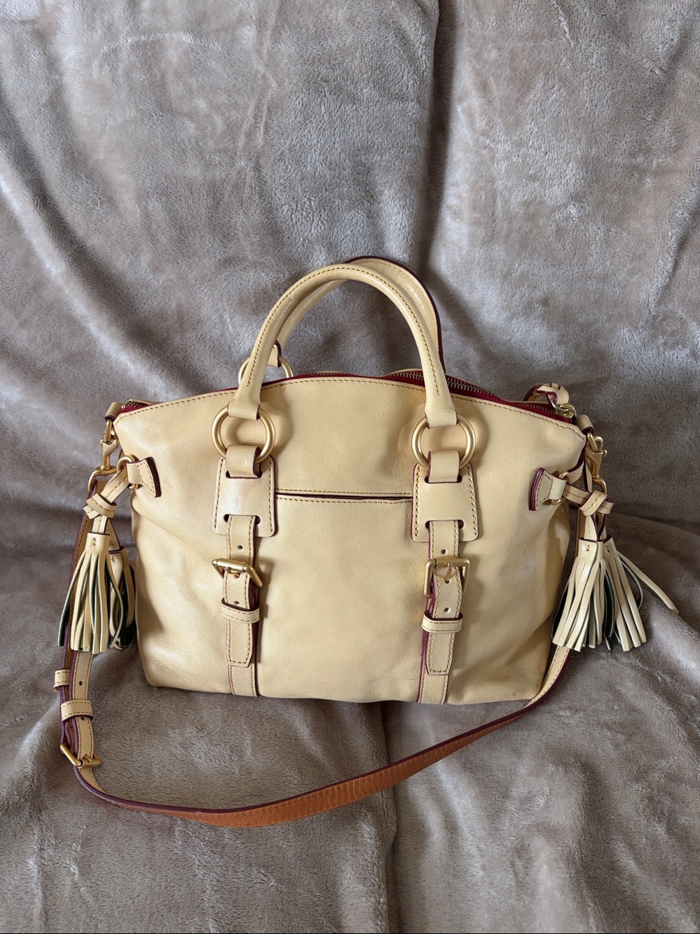 Dooney & Bourke Cream Leather Satchel with Burgundy Trim - Picture 2 of 5